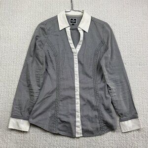 Express The Essential Womens M Long Sleeve Button Up Shirt Grey Blouse Top